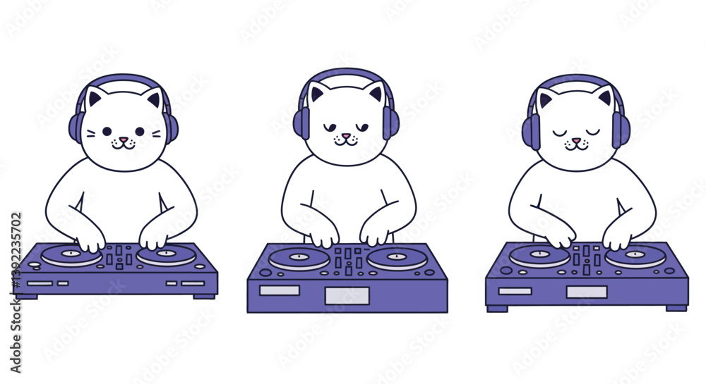 Cute cat DJ with headphones performing in flat vector art style Cute cat DJ with headphones performing in flat vector art style