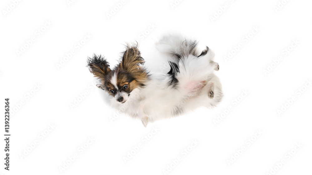 Fototapeta premium Top view of funny, purebred Papillon dog with funny ears and multicolored fur lying on back and smiling isolated on white background. Animals, pet care, grooming, wellness concept. Copy space for ad