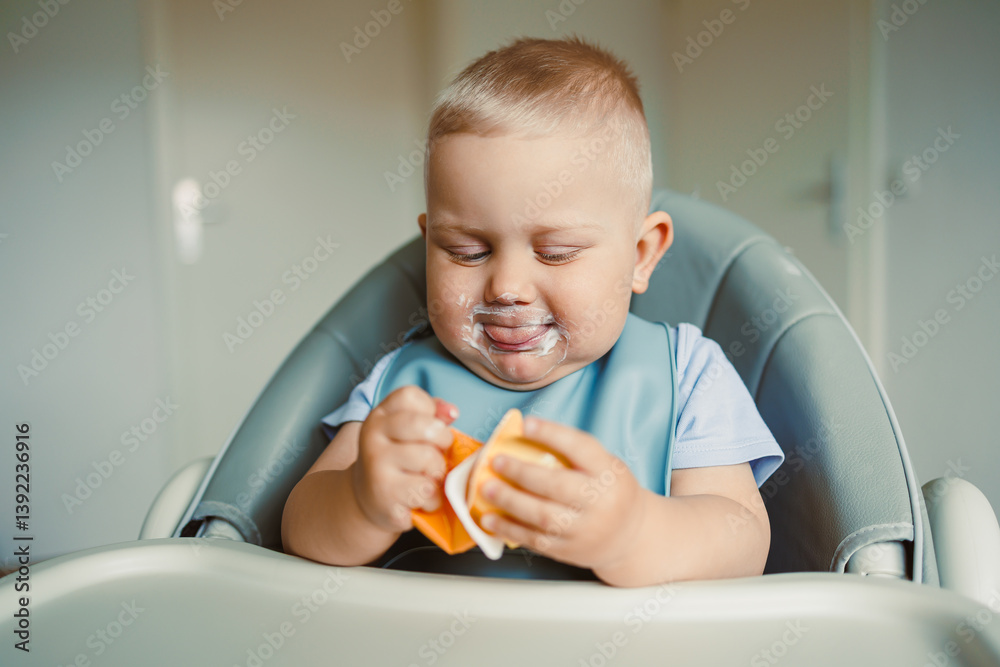 Smiling boy sitting in a high chair, eating yogurt in the kitchen. Healthy food for children. Bio yogurt food for children. Children eating vegetables. Little boy eating dairy products.