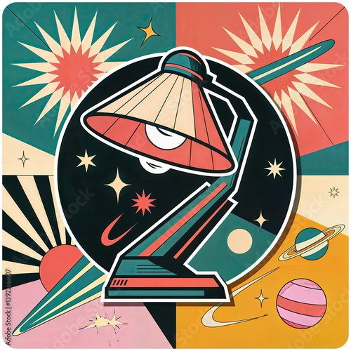 a colorful, abstract illustration featuring a lamp with a red and white lampshade, set against a vibrant background with bursts, stars, planets, and geometric shapes in shades of green, red and pink.