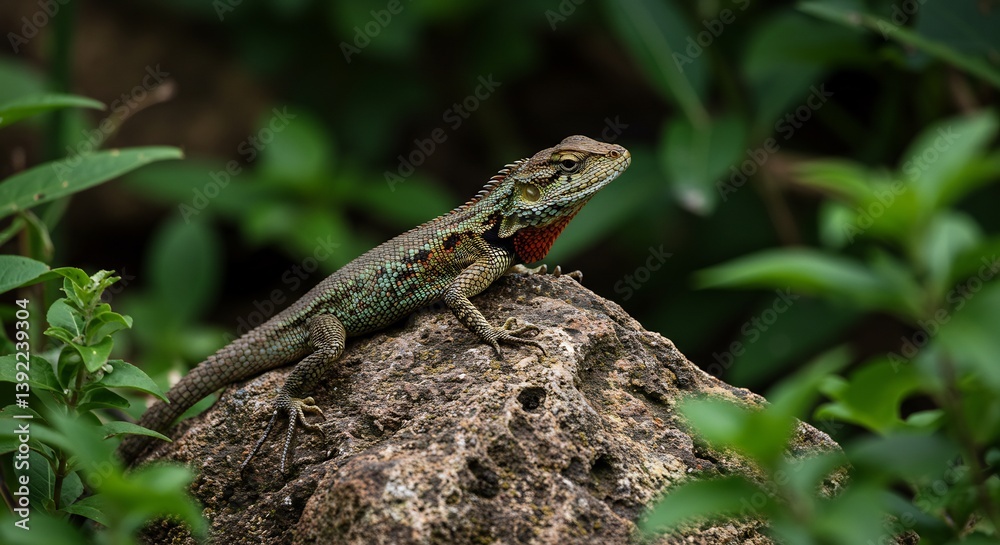 Obraz premium Lizard on Rock Soft Light Green Lush Foliage. AI Generated