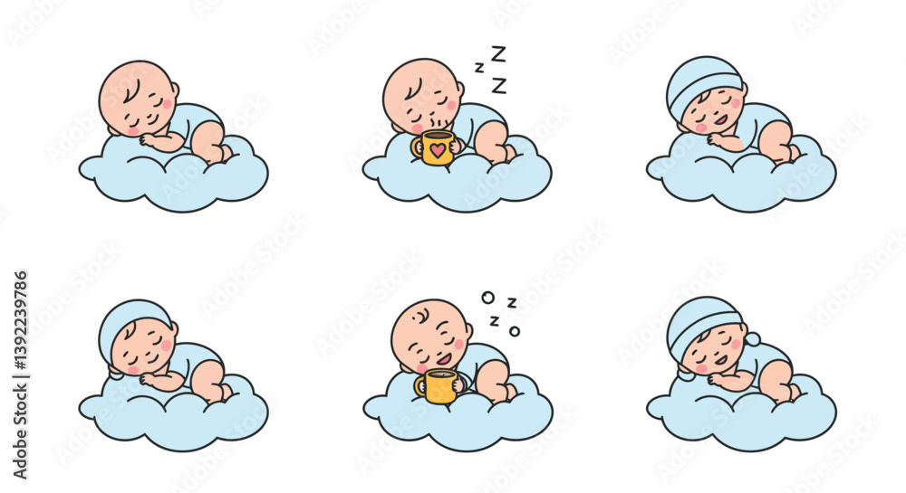 Sleeping baby on cloud in flat style vector illustration with peaceful expressions and playful elements Sleeping baby on cloud in flat style vector illustration with peaceful expressions and playful elements