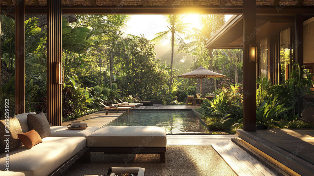 tranquil Bali style resort villa with open air design and lush greenery