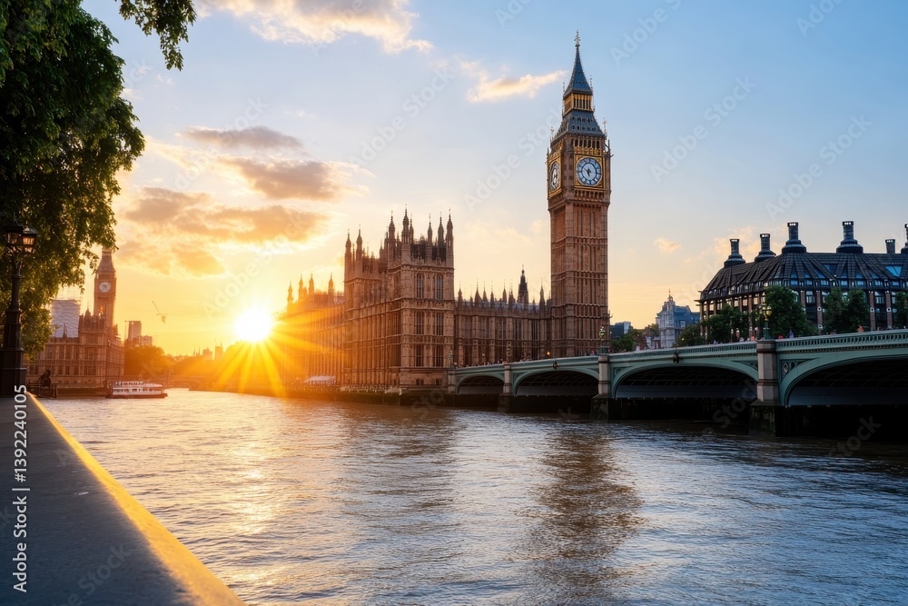 Fototapeta premium A breathtaking view of the River Thames framed by the iconic Big Ben at sunset, capturing the historical essence and cultural significance of London's vibrant landscape.