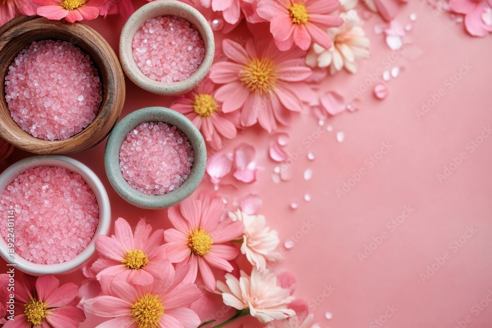 Beautiful arrangement of pink flowers and various salts on a pink background Beautiful arrangement of pink flowers and various salts on a pink background