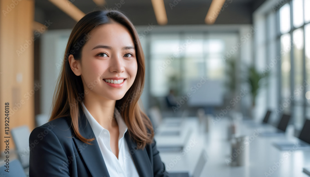 Female manager smiling happily in a professional boardroom, showcasing positive leadership. Female manager smiling happily in a professional boardroom, showcasing positive leadership.