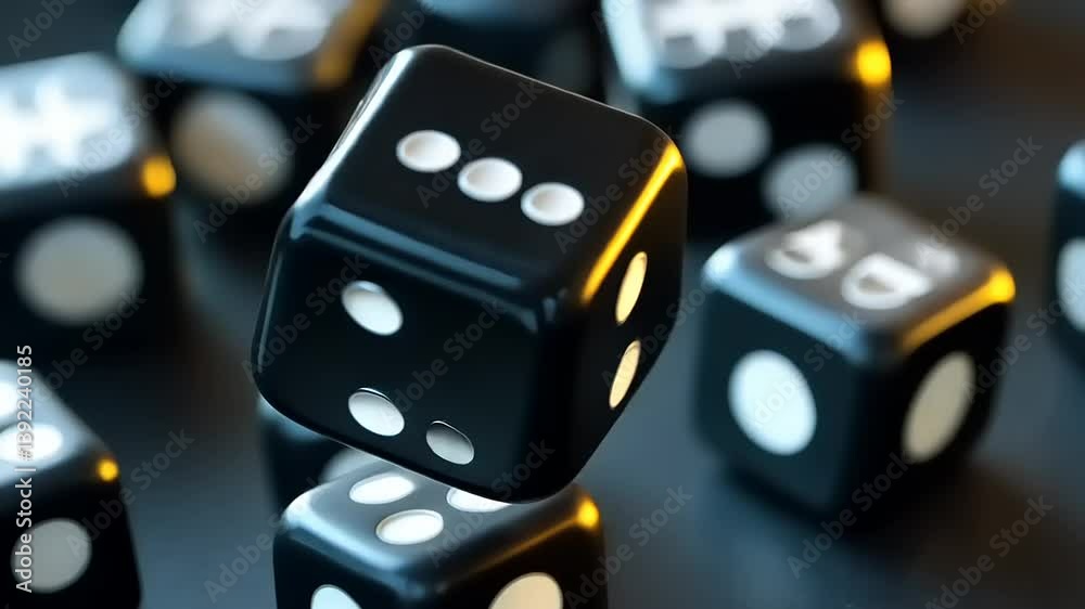 Close-up of floating black dice showcasing unique patterns against a blurred background
