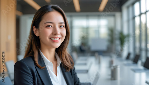 Female manager smiling happily in a professional boardroom, showcasing positive leadership.