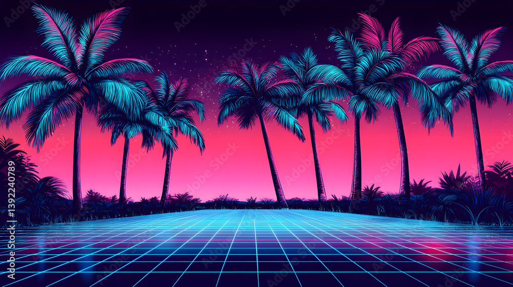 Naklejka premium Neon Dreams: Synthwave Serenade of Retro 80s Grid and Palm Bliss