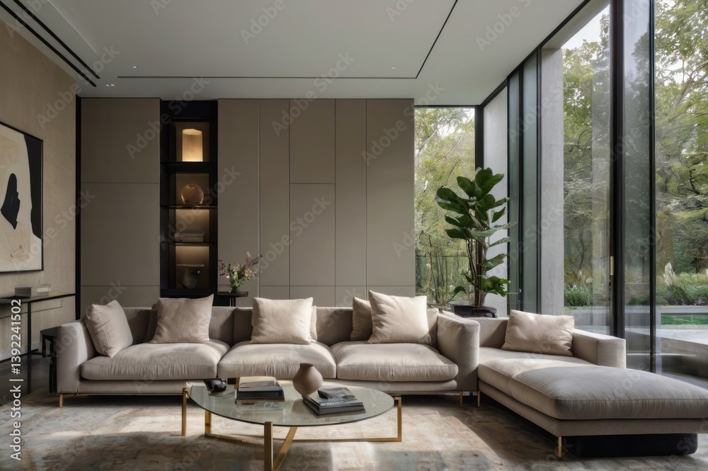 Fototapeta premium A modern living room featuring a comfortable sectional couch arrangement