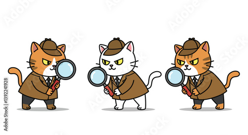 Detective cats exploring clues in a whimsical flat vector art style vector illustration