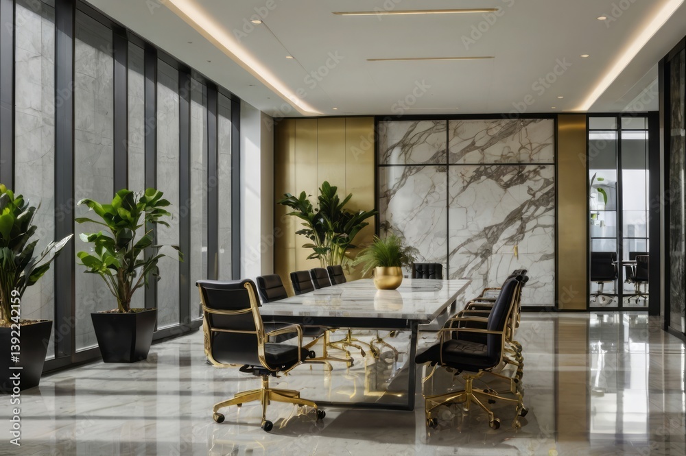 Fototapeta premium An elegant boardroom setting with luxurious gold accents and plants