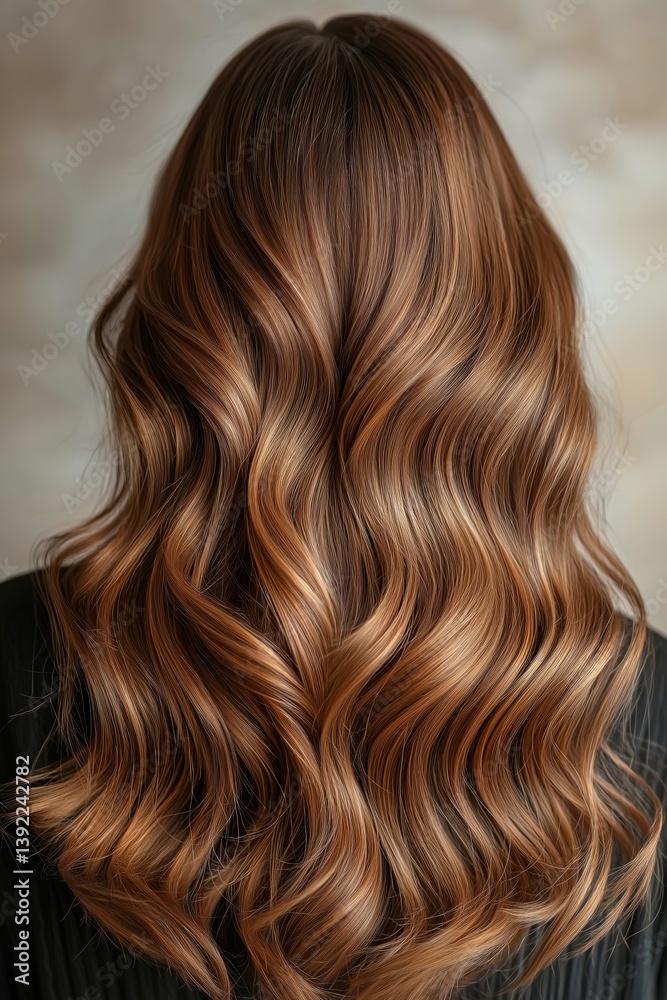 Naklejka premium Warm-toned caramel brown hair with soft curls, shown from behind against a neutral background