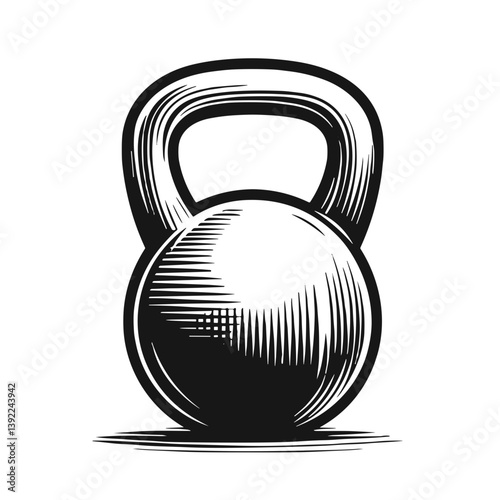 Minimalistic line art illustration of a kettlebell with clean lines and geometric shapes