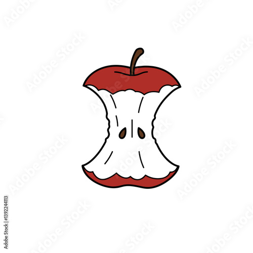 Minimalistic line art illustration of an eaten apple core with red outer layer and smooth lines