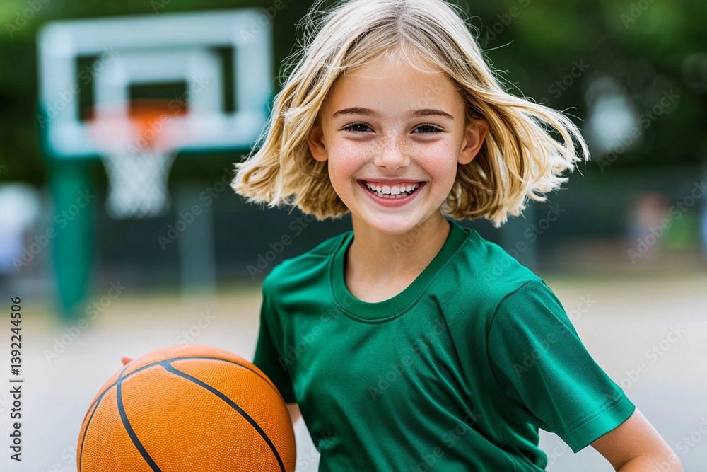 Young Caucasian girl with blonde short hair in a green uniform dribbling a basketball with determination on an outdoor court. Young Caucasian girl with blonde short hair in a green uniform dribbling a basketball with determination on an outdoor court.