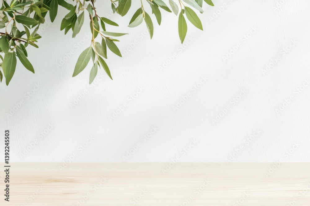 Natural light wooden tabletop with green leaves hanging over a white background wall, minimal nature-inspired mockup for product display, branding, or summer presentation