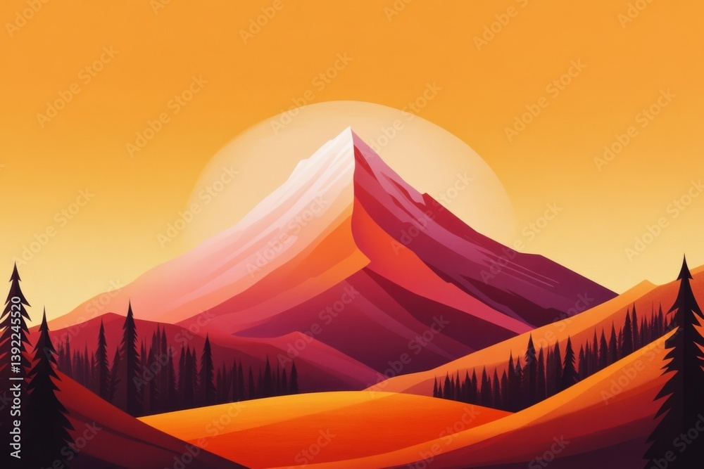 Golden Hour Over Stylized Hills Adventure Landscape in Flat Style