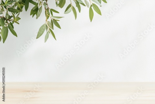 Obraz na płótnie Natural light wooden tabletop with green leaves hanging over a white background wall, minimal nature-inspired mockup for product display, branding, or summer presentation w salonie