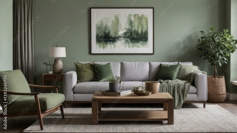 Naklejka premium A modern and comfortable living room with green color scheme