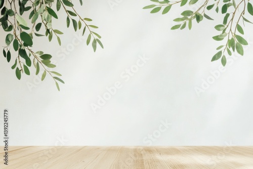 Natural wood tabletop with green leaves hanging over a soft white wall background, perfect mockup scene for eco-friendly product display, branding, garden-themed or summer presentation