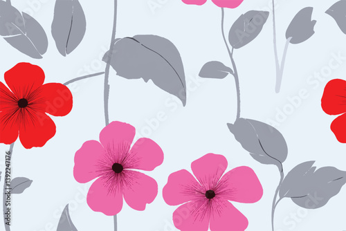 Seamless floral pattern, liberty ditsy print, romantic ornament of mini plants. Small hand drawn flowers, tiny leaves, simple red bouquets abstract on white. Vector illustration