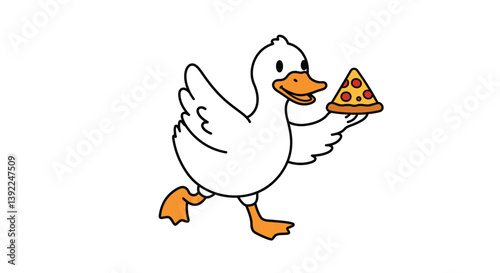 Playful duck character carrying a slice of pizza in minimal vector art