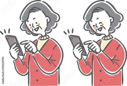 スマホを操作するシニア女性　上半身　ベクター