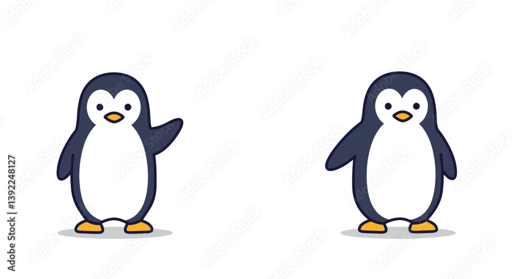 Naklejka premium Cute penguin waving in flat design style, cheerful expression in vector art