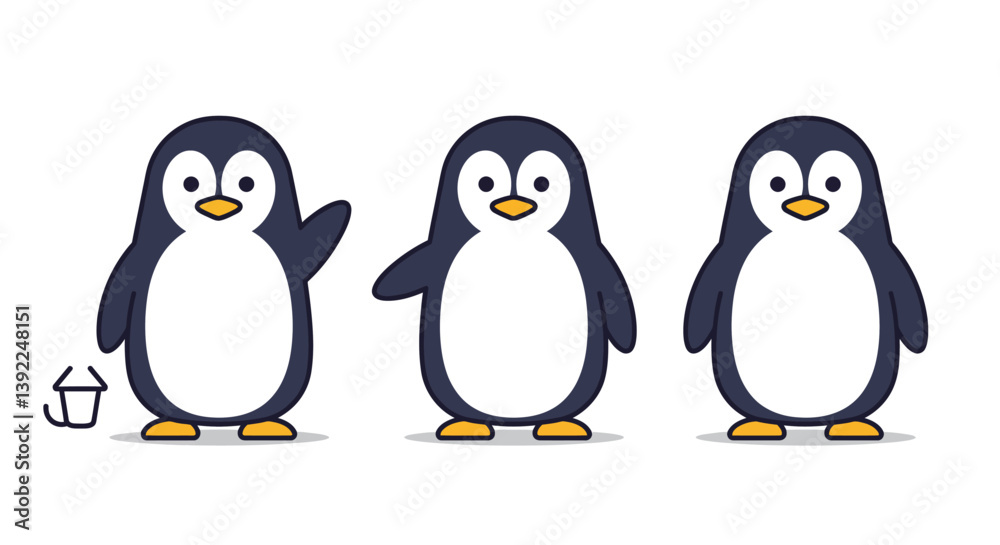 Cute penguin character design in flat style showcasing three playful poses vector illustration Cute penguin character design in flat style showcasing three playful poses vector illustration