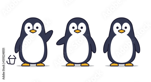 Cute penguin character design in flat style showcasing three playful poses vector illustration