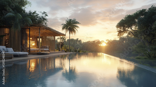 serene tropical resort home with bamboo finishes and open design at sunset