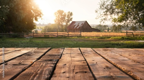 Rustic Wooden Tabletop with Golden Hour Farm Background Barn Wheat Field and Fence