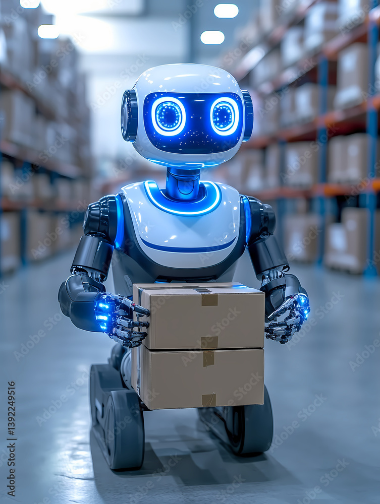Cargo handling robot in modern warehouse Cargo handling robot in modern warehouse
