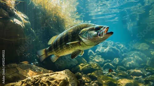 Underwater Shot of Largemouth Bass Swimming in Rocky Riverbed