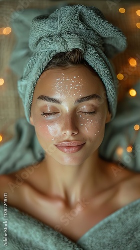 Serene Woman with Face Mask Relaxed in Spa Setting Towel Wrapped Hair