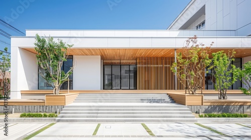 Modern Japanese Architecture Minimalist White Building Exterior with Wooden Accents and Landscaped