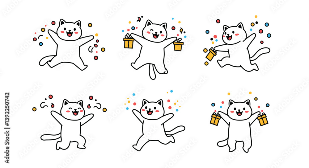 Happy cat character celebrating with gifts in flat vector art Happy cat character celebrating with gifts in flat vector art