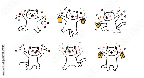 Happy cat character celebrating with gifts in flat vector art