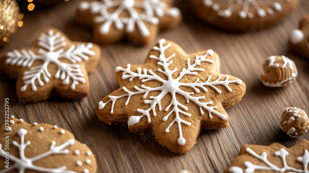 Festively Designed Gingerbread Cookies with Icing Set Against Warm Wood Backdrop Festively Designed Gingerbread Cookies with Icing Set Against Warm Wood Backdrop