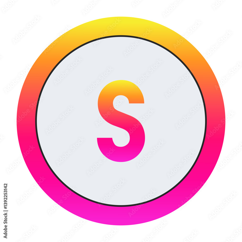 Vibrant Lowercase letter s Icon - Minimalist Design with Yellow-Pink Gradient Ring and Bold Central Letter A on Light Background for Creative Projects Vibrant Lowercase letter s Icon - Minimalist Design with Yellow-Pink Gradient Ring and Bold Central Letter A on Light Background for Creative Projects