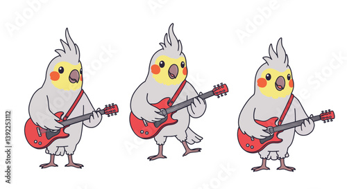 Cartoon cockatoo playing guitar in flat vector illustration style