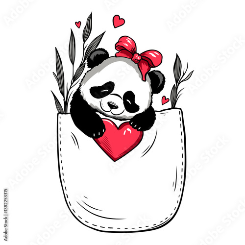 Pocket Panda. Süßer Vektor Panda Bär mit Herz, Bambus und Schleife. Pandabär in Brusttasche.