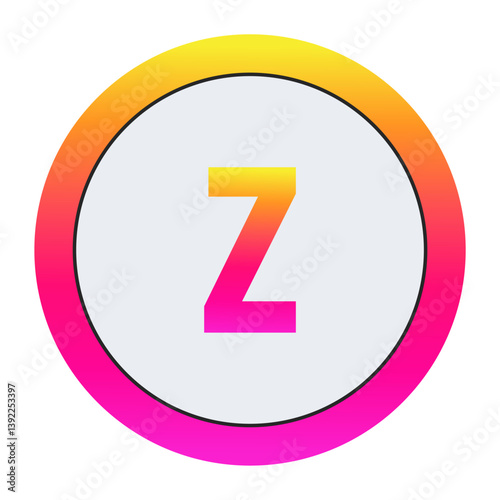 Vibrant Lowercase letter z Icon - Minimalist Design with Yellow-Pink Gradient Ring and Bold Central Letter A on Light Background for Creative Projects