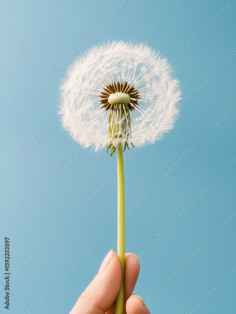 Fototapeta premium A hand hold a fluffy dandelion puff against a clear blue background, symbolizing wishes and dreams. The scene evokes a sense of peace and connection to nature fleeting wonders