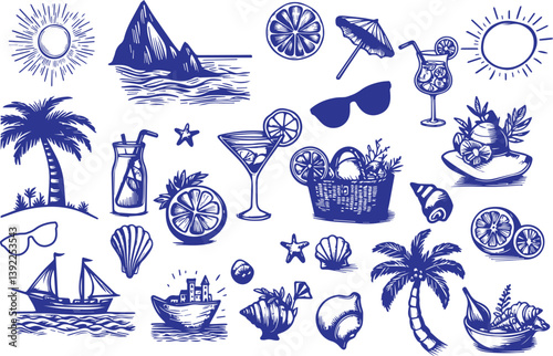 Hand drawn summer illustration set. Italian dolce vita. Minimalist line art. Palm tree, lemon, cocktails sun and sea, seashells in doodle sketch style. Drawing ink. Concept vacation ocean travel vecto