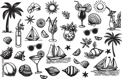 Hand drawn summer illustration set. Italian dolce vita. Minimalist line art. Palm tree, lemon, cocktails sun and sea, seashells in doodle sketch style. Drawing ink. Concept vacation ocean travel vecto