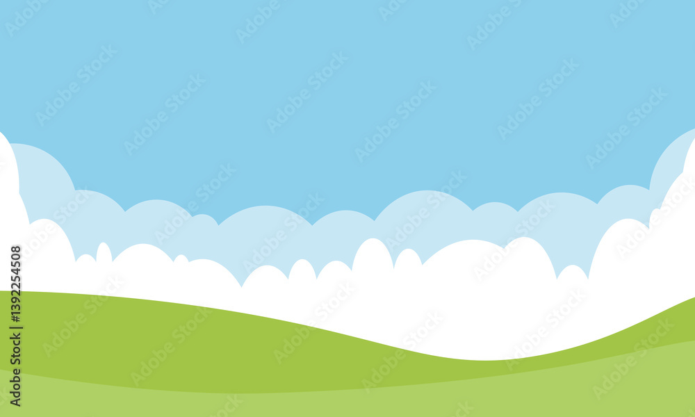 Cartoon meadow landscape summer green field view spring grass hills and blue sky background Cartoon meadow landscape summer green field view spring grass hills and blue sky background
