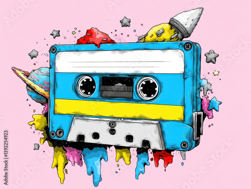 Retro Cassette Tape Pixel Art with Space Elements and Paint Splatter