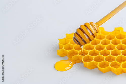 Sweet honeycombs with honey, isolated on background. Close-up of golden honey dripping over hexagonal honeycomb cells
